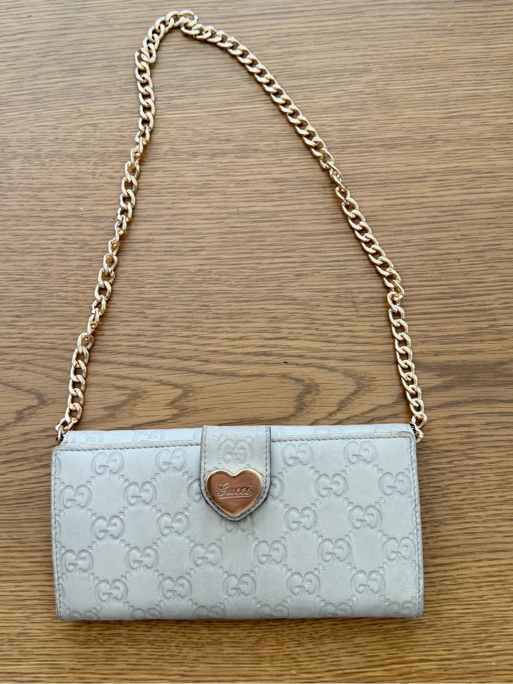 Gucci Cream Wallet with removable Gold Chain and Heart Plaque